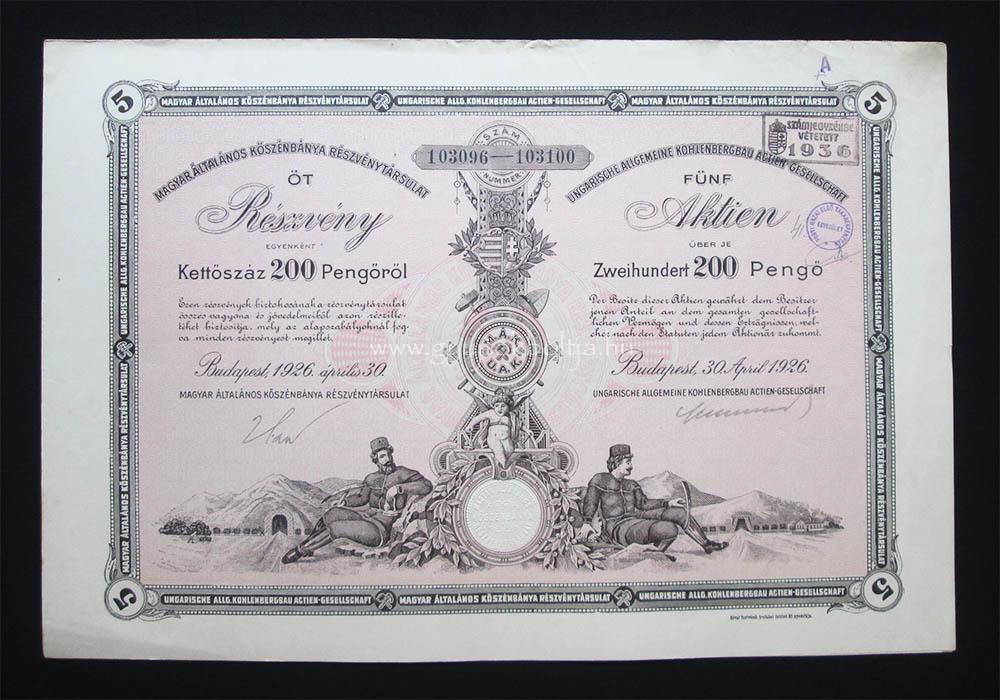 Magyar ltalnos Ksznbnya rszvny 5x200 peng 1926